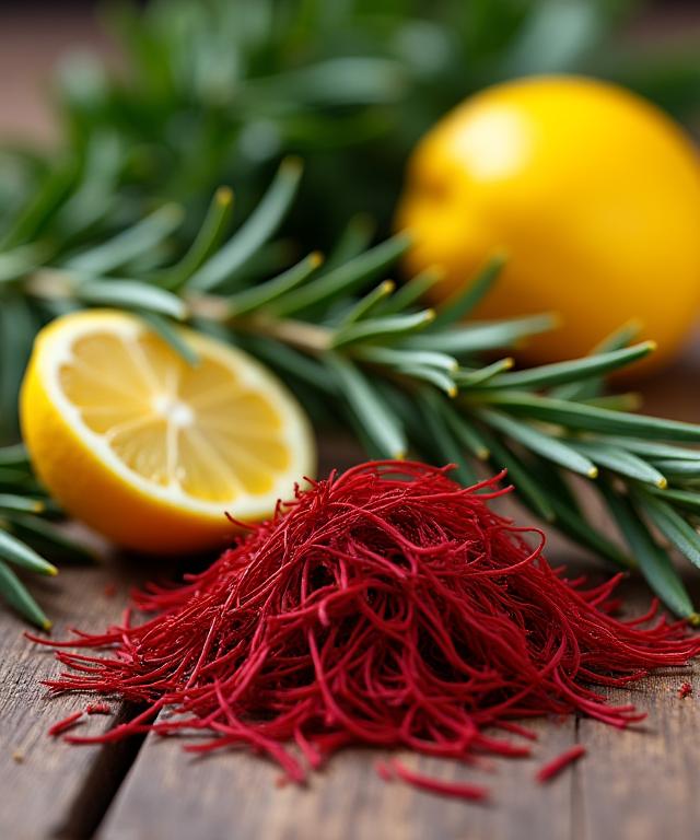 Ingredienti freschi come zafferano, rosmarino e limoni su un tavolo di legno rustico